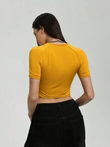 StreetHx 女式纯色拼布圆领短袖数字印花简约衬衫