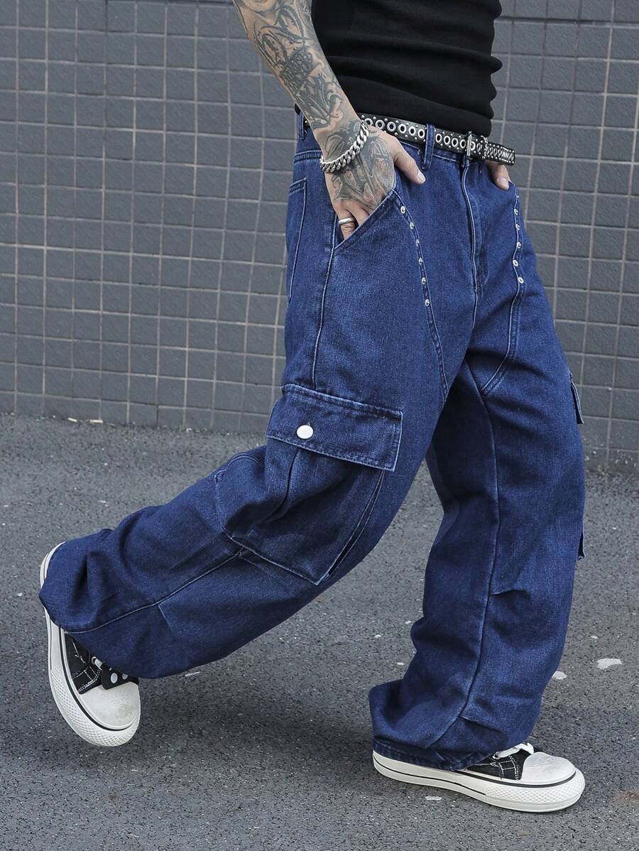 Manfinity EMRG Men's Simple Pocket Button Jeans, Casual Everyday Wear - Medium Wash - View 1