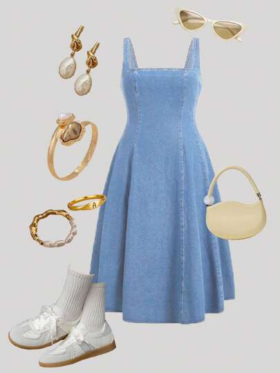 SHEIN MOD Plus Size Denim Jumper Dress, Spaghetti Strap, Form-Fitting, Mid-Length, Blue Homecoming Dress,Dark Blue Dress