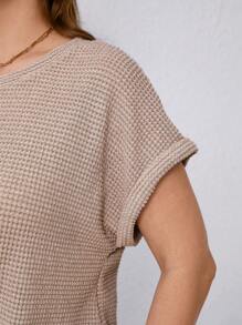 SHEIN Clasi Women Plus Size Summer Solid Color Crew Neck Batwing Sleeve Knot Hem Waffle Casual T-Shirt