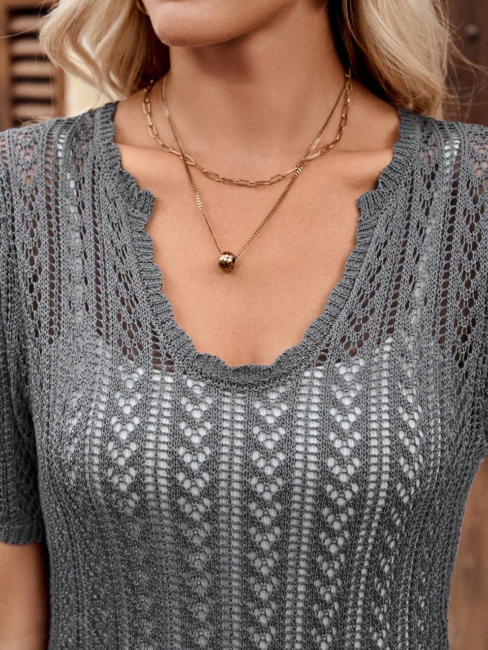 Women Casual V-Neck Short Sleeve Gray Knit Sweater, Versatile For Spring/Summer