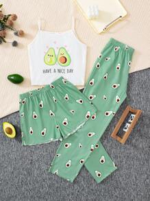 SHEIN Leap Crew Tween Girls 3-Piece Avocado Printed Camisole, Shorts & Long Pants Pajama Set, Flame Resistant - Mint Green - View 1