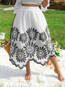SHEIN LUNE Falda larga elegante de mujer talla grande, versátil y casual con bordado floral en el bajo, adecuada para estilo chino, fiestas, reuniones, refrescante, alivio del estrés, vestido de noche elegante - Blanco - Ver 5