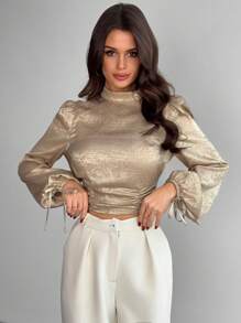 Firerie Blusa corta de mujer elegante para el trabajo con mangas atadas y recorte de volantes dorados, con espalda descubierta - Dorado - Ver 3