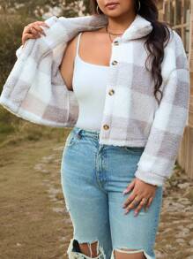 SHEIN LUNE Plus Size Women's Plaid Pattern Long Sleeve Single Breasted Fleece Leisure Jacket, Autumn/Winter