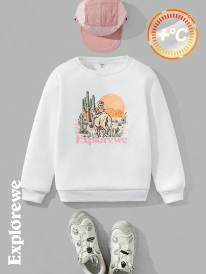 SHEIN Tween Girls Printed Long Sleeve Round Neck Sweatshirt For Outdoor Wear, Fashion