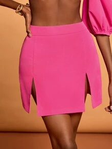 Sylvia Mollie Falda mini casual con abertura de cintura alta en color rosa intenso para mujer, ideal para vacaciones, playa, festival, Ibiza