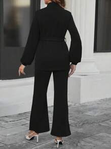 SHEIN 2pcs High Neck Long Sleeve Solid Color Slimming Tie Design Set - Black - View 2