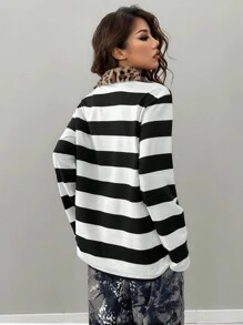 SHEIN EZwear 女士冬季日常穿着基本款黑/白毛绒翻领 Polo 衫 - 黑與白 - 查看 2