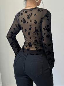 SHEIN Privé Ladies New Black Flocked V-Neck Ruffle Sleeve Slim Fit T-Shirt Top, Long Sleeve Top, Women's Going Out Top, Elegant Black Top, V-Neck Top, Mesh Top, Elegant / Commuting / Casual / Business / Vacation / Date Night / Sexy