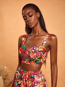 Sylvia Mollie Parte superior de corpiño estampada con flores de colores en estilo bohemio, boho, para mujer, diseño de primavera-verano, apto para vacaciones, salir, festivales, Ibiza