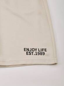 SHEIN Explorewe 2pcs Boys' Casual Set - V-Neck Letter Graphic Tee And Shorts, New Arrival - Khaki - View 6