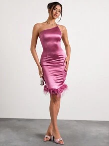 Glamine Women's Solid Colour Mid-Length One Shoulder Feather Decoration Summer Tight Elegant Dresses - Red Violet - View 3