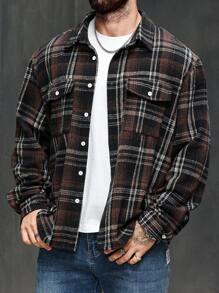 Manfinity Homme Plus Size Men's Autumn Long Sleeve Single Breasted Utility Pocket Casual Shacket