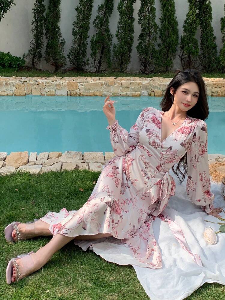 Floral Print Wrap Tie Long Sleeve Elegant Dress For Women,Fall Dress Maxi Dress Boho