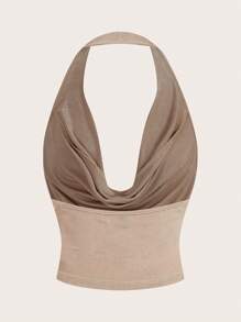 SHEIN Sweetina 女士圆领无袖短款 Y2K 红色性感上衣，时尚纯色 - 卡其色 - 查看 2