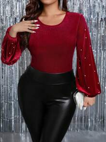 SHEIN Clasi Bodys de mujer de talla grande de unicolor de terciopelo con cuello de perlas