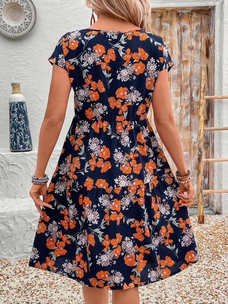 Women Crew Neck Batwing Sleeve Floral Print Casual Mini Dress