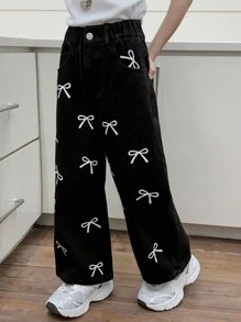 DAZY 青少年女孩蝴蝶结印花牛仔长裤，适合春夏季，返校服装 - 黑色 - 查看 1