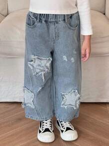 DAZY Young Girls Elastic Waist Pocket Five-Pointed Star Frayed Hem Casual Jeans - Light Wash - View 4