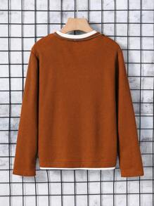 SHEIN Tween Boy Patchwork Crew Neck Long Sleeve Waffle Texture Fabric Comfortable Casual T-Shirt, Suitable For Leisure And Commuting, Can Be Worn Alone Or As An Undershirt, Autumn