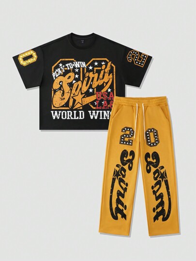 Street Life Ensemble Homme (T-shirt imprimé coupe boîte + Pantalon de survêtement ample en couches)