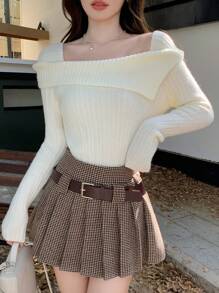 DAZY 1pc Women Off-Shoulder Knit Sweater Casual Long Sleeve Off Shoulder Sweater,Fall Women Clothes - Apricot - View 5