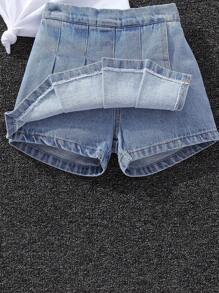 SHEIN Explorewe 年轻女孩休闲时尚褶皱裤裙短裤。舒适牛仔水洗腰百搭裤裙