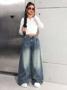 SHEIN 少女 Y2K 朋克风格复古 2000 年代宽松牛仔裤，女孩春夏装街头服饰夏季波西米亚风狂欢音乐会服装节日服装 - 中等水洗藍 - 查看 4