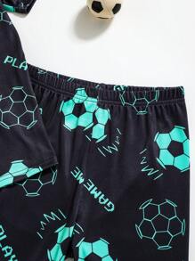 SHEIN Tween Boy 霓虹足球图案圆领短袖 T 恤和短裤 2 件套舒适家居服和睡衣套装 - 黑色 - 查看 3