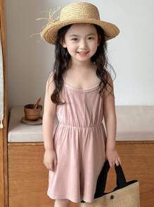 DAZY 女童简约休闲针织连体裤，夏季假期 - 軍綠色 - 查看 2