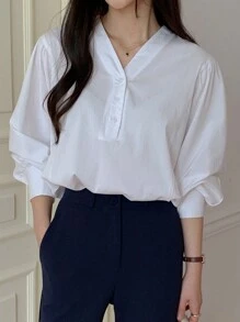 DAZY Áo cánh đơn giản cổ chữ V dài tay rộng rãi màu trơn cho nữ, Xuân/Hè - trắng - Xem 5