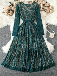 DreamSkyne Exquisite & Elegant  Plus Size Elegant Color-Block Lace Long Dress, Autumn Maxi Women Outfit Fall Cloth For Women - Apricot - View 2