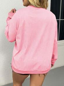 INAWLY Plus Size Casual Solid Color Dropped Shoulder Loose Sweatshirt, Autumn, For Winter Graduation,Back To School,Teacher Pullover Fall - Pink - View 2