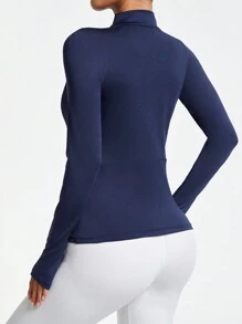 Gameset SHEIN Sport 女士纯色插肩袖拉链部分开襟修身运动长袖运动衫 - 藏蓝色 - 查看 2