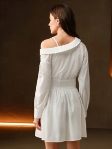 Anewsta Robe chemise sans manches avec clous pour femmes, robe élégante à une seule épaule avec manches longues, légère et de luxe pour le trajet quotidien