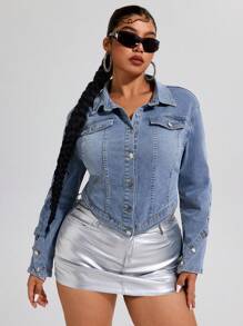 SHEIN ICON 女式加大码浅蓝色洗水牛仔夹克，高弹力长袖牛仔外套 - 中等水洗藍 - 查看 3