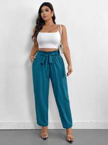 SHEIN Privé Quần tây ống côn cạp cao, bèo nhún, thắt eo, dáng ôm, có túi, dành cho người có vóc dáng đầy đặn. - Màu xanh ngọc - Xem 6