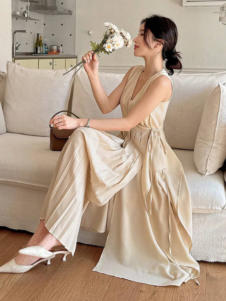 DAZY Robe mi-longue élégante pour femmes, de couleur unie, avec un ourlet plissé et sans manches, pour les jours ensoleillés