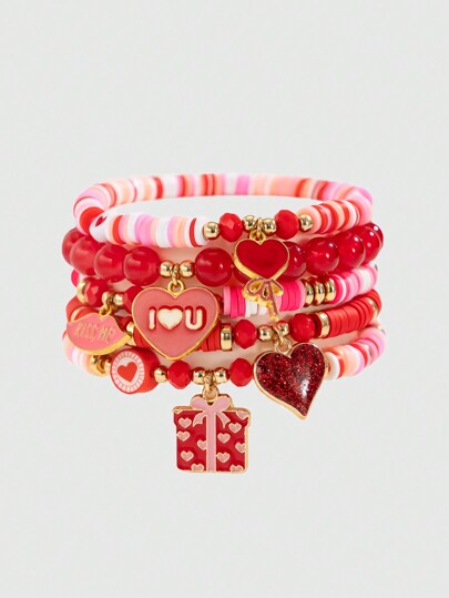 Kawaii 5pcs Fashionable Y2K Cute Heart Pendant Polymer Clay Bracelet Set, Gift For Family & Friends On Valentine's Day,Mom,Mother,Mother's Day,Gift