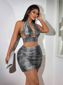 SHEIN SXY 2 件套女士性感钻石链交叉露背迷你连衣裙套装适合派对