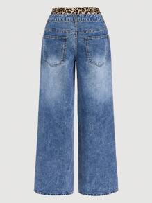SHEIN MOD Jeans de pierna ancha con parches de estampado de leopardo azul, jeans azules, jeans holgados de leopardo, Y2K, jeans de mujer, jeans de talle alto, jeans de mujer para conciertos - Azul lavado oscuro - Ver 4