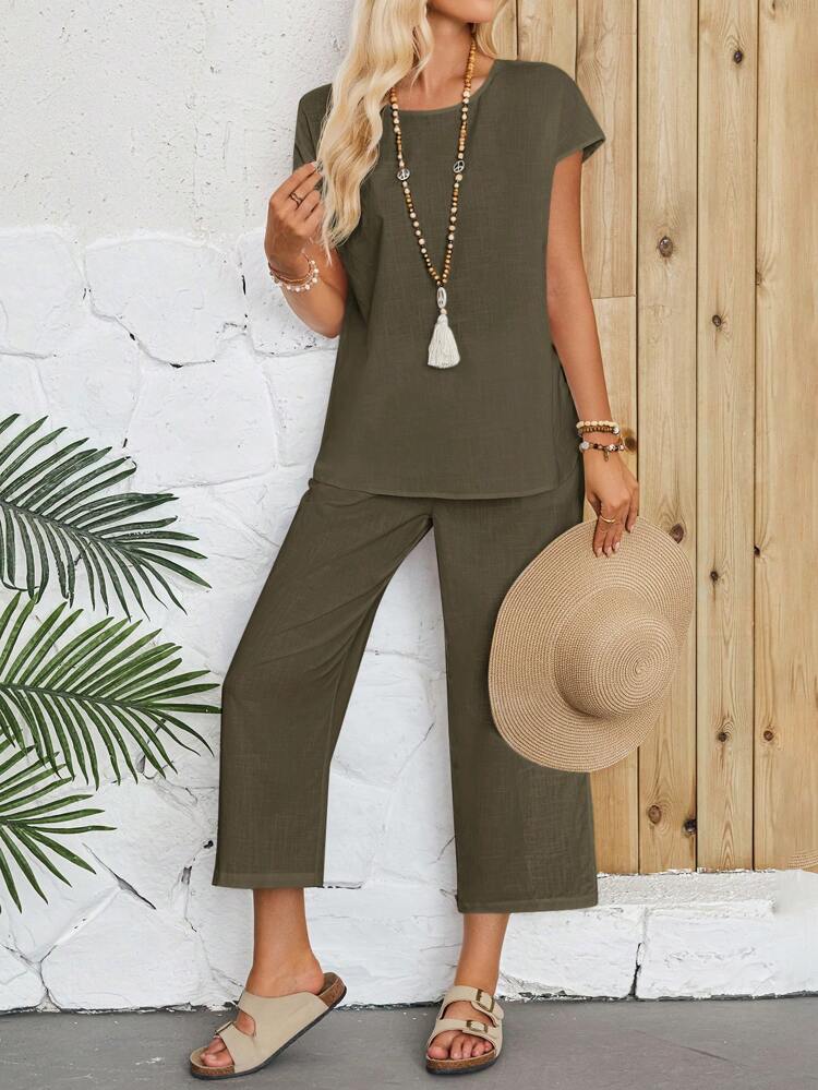 2pcs Women's Solid Color Round Neck Short Sleeve Top And Full Length Pants Set
