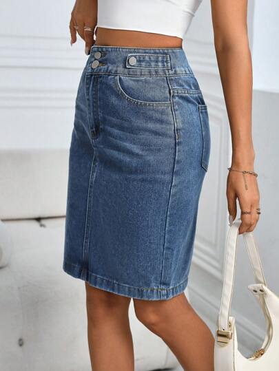 Falda De Mezclilla Recta Lavada Con Piedra Y Diseño De Bigotes De Gato