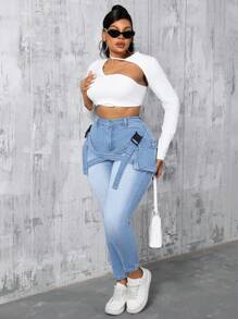 SHEIN SXY Plus Size Mid-Waist Stretch Denim Skinny Pants With Pockets - Light Wash - View 4