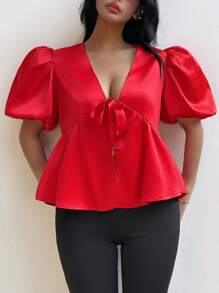 Dames effen kleur gestrikte voorkant pofmouw mode blouse, rode top