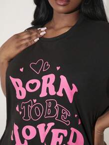 SHEIN SXY Camiseta holgada casual de cuello redondo con estampado de corazones y letras de San Valentín para mujer de talla grande - Negro - Ver 5