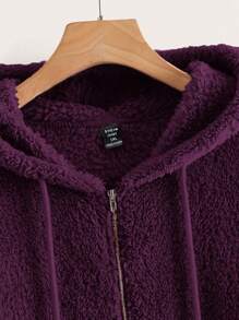 SHEIN LUNE Plus Size Women Solid Color Sherpa Zip Up Casual Hooded Jacket, Autumn/Winter  Pink Jacket Women Fluffy Jacket Teddy Jacket Women Fall