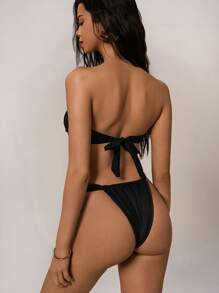 Forever 21 女士简约纯色泳装比基尼套装，适合夏季海滩度假 - 黑色 - 查看 2