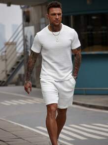 Manfinity CasualCool 男士两件套 T 恤套装 Manfinity 休闲酷炫，男士提花小格纹加厚纹理面料套装，舒适休闲夏季男士两件套 男士两件套 男士两件套 男士服装 男士 T 恤套装 男士两件套 - 白色 - 查看 6